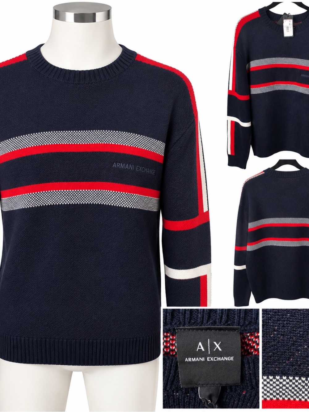 Armani Exchange Navy Crewneck Sweater with Red and White Stripes